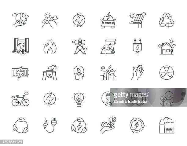 ilustrações de stock, clip art, desenhos animados e ícones de ecology and energy thin line icon set series - símbolo de reciclagem