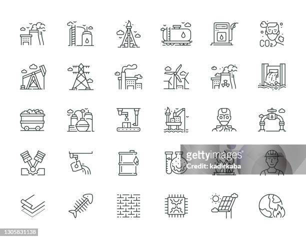 heavy and power industry thin line icon set series - horizontal drilling stock illustrations