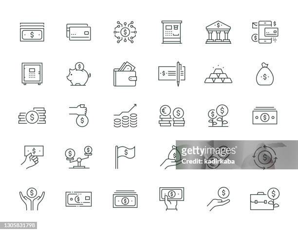 geld dünne linie icon set serie - credit card stock-grafiken, -clipart, -cartoons und -symbole