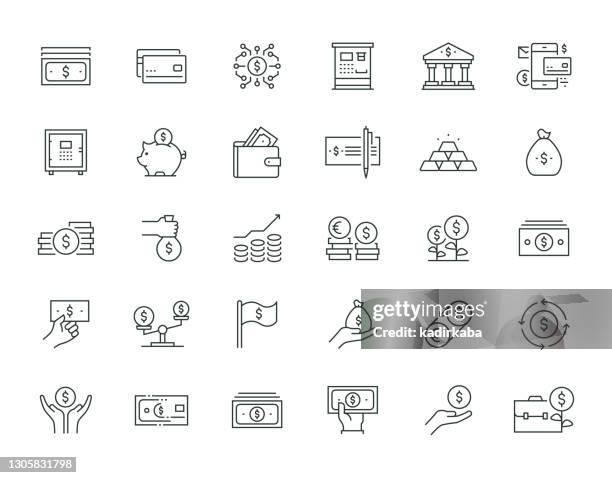 ilustraciones, imágenes clip art, dibujos animados e iconos de stock de money thin line icon set series - savings