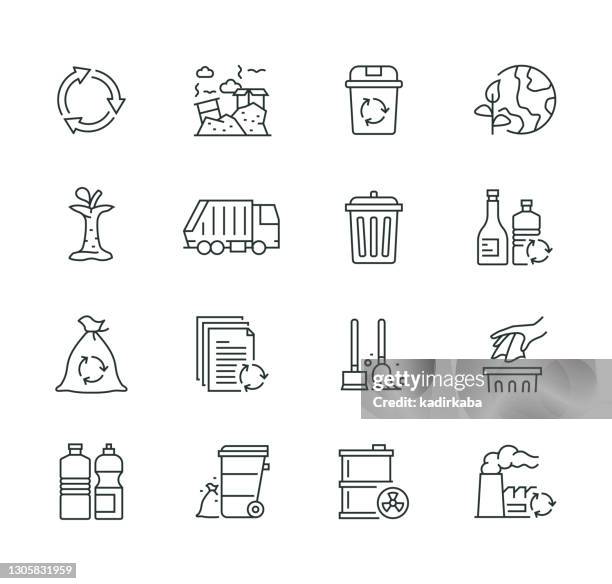 ilustraciones, imágenes clip art, dibujos animados e iconos de stock de elementos de basura thin line icon set series - bote de basura