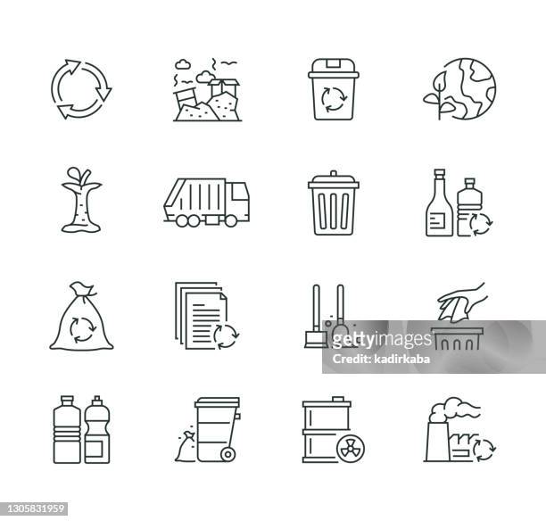 ilustrações de stock, clip art, desenhos animados e ícones de garbage elements thin line icon set series - símbolo de reciclagem