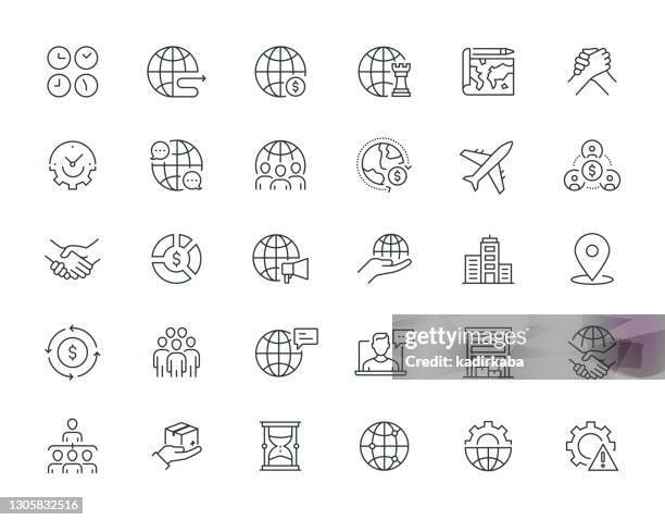 ilustrações de stock, clip art, desenhos animados e ícones de global business thin line icon set series - finanças internacionais