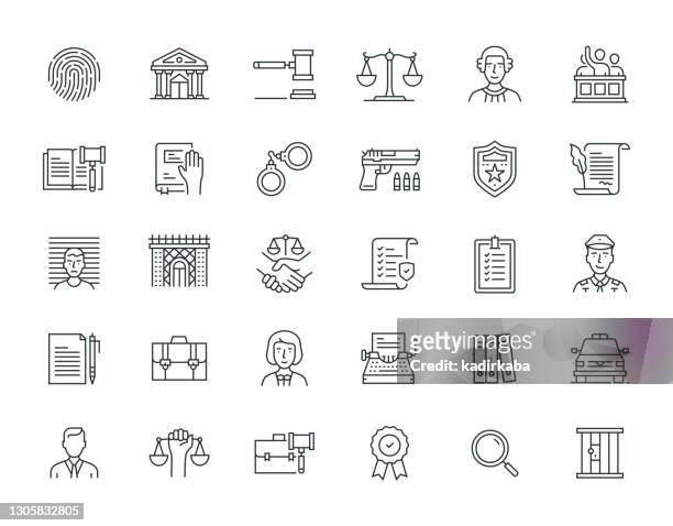 law and justice thin line icon set serie - feinlinige illustration stock-grafiken, -clipart, -cartoons und -symbole