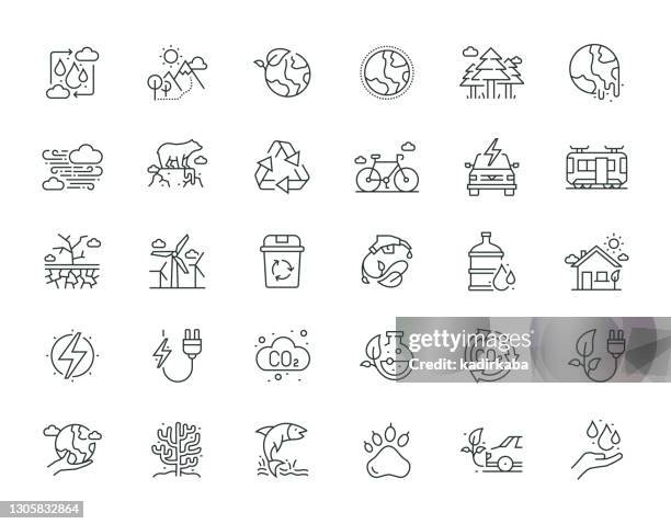 environment thin line icon set series - carbon offset stock illustrations