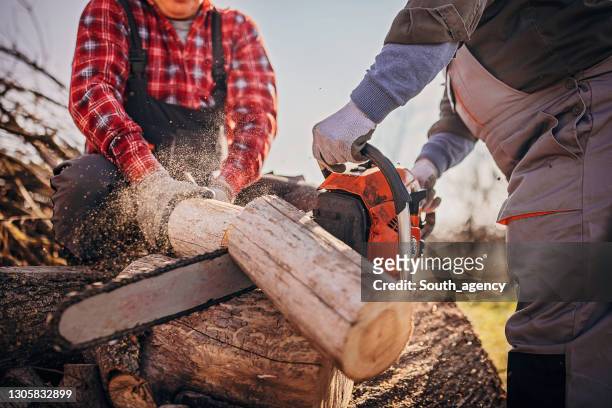 man with chainsaw cutting wood - chainsaw stock pictures, royalty-free photos & images