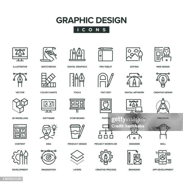 ilustraciones, imágenes clip art, dibujos animados e iconos de stock de conjunto de iconos de línea de diseño gráfico - diseñador gráfico