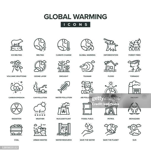 bildbanksillustrationer, clip art samt tecknat material och ikoner med ikonuppsättning för global uppvärmningslinje - luftförorening