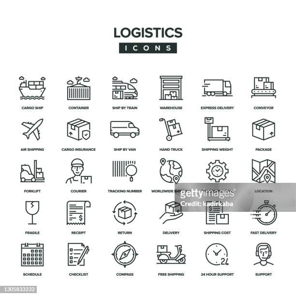 stockillustraties, clipart, cartoons en iconen met de reeks van het pictogram van de logistieke lijn - handle with care