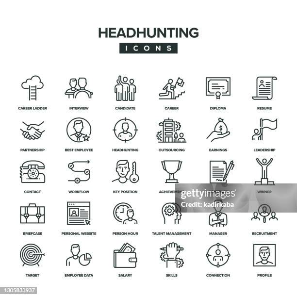 ilustraciones, imágenes clip art, dibujos animados e iconos de stock de conjunto de iconos de línea de headhunting - encoger