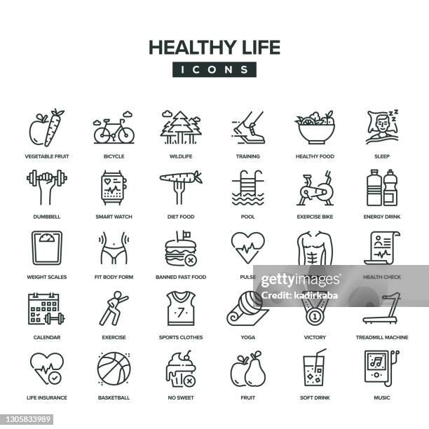 ilustraciones, imágenes clip art, dibujos animados e iconos de stock de conjunto de iconos de línea de vida saludable - healthy eating