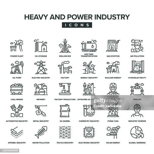 illustrazioni stock, clip art, cartoni animati e icone di tendenza di set di icone della linea heavy and power industry - pump station icon