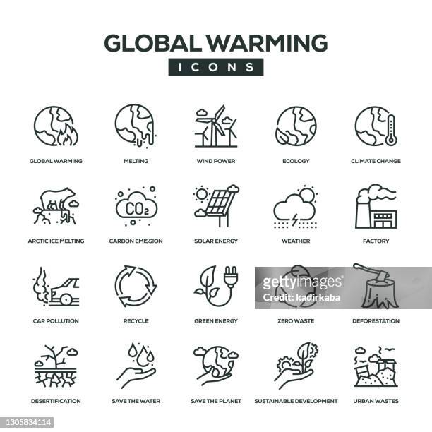 global warming line icon set - carbon stock-grafiken, -clipart, -cartoons und -symbole