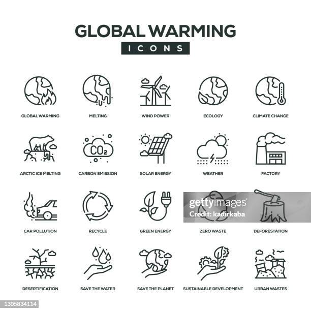 illustrazioni stock, clip art, cartoni animati e icone di tendenza di set di icone linea riscaldamento globale - cambiamenti climatici