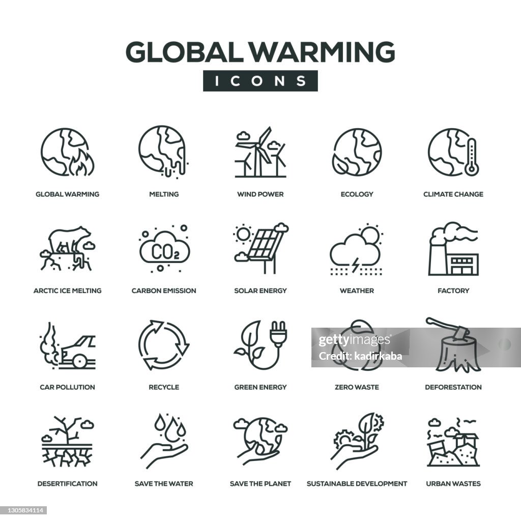 Conjunto de ícones da linha de aquecimento global