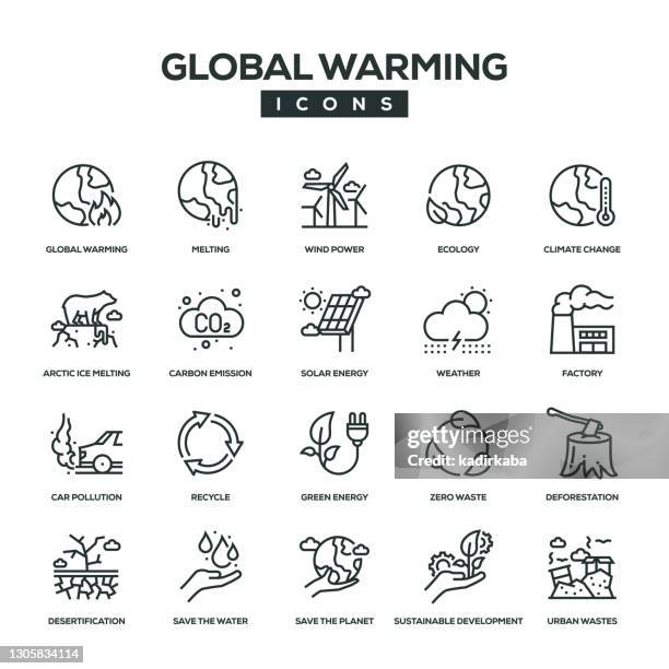 bildbanksillustrationer, clip art samt tecknat material och ikoner med ikonuppsättning för global uppvärmningslinje - klimatförändring