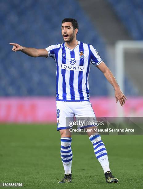 Mikel Merino of Real Sociedad reacts during the La Liga Santander match between Real Sociedad and Levante UD at Estadio Anoeta on March 07, 2021 in...