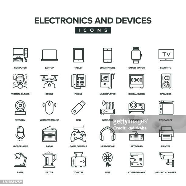 ilustraciones, imágenes clip art, dibujos animados e iconos de stock de conjunto de iconos de línea electrónica y de dispositivos - equipo de proyección