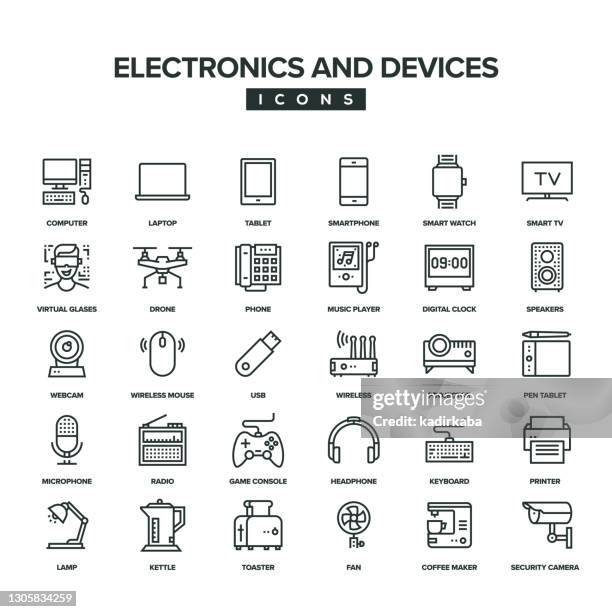 electronic and devices line icon set - tv phone tablet stock illustrations