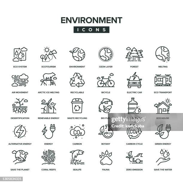 environment line icon set - coal pollution stock illustrations