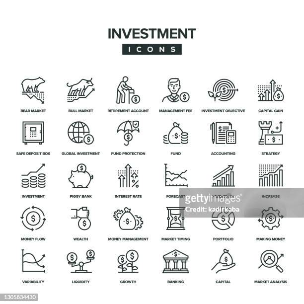 stockillustraties, clipart, cartoons en iconen met pictogramset investeringslijn - bullmarkt