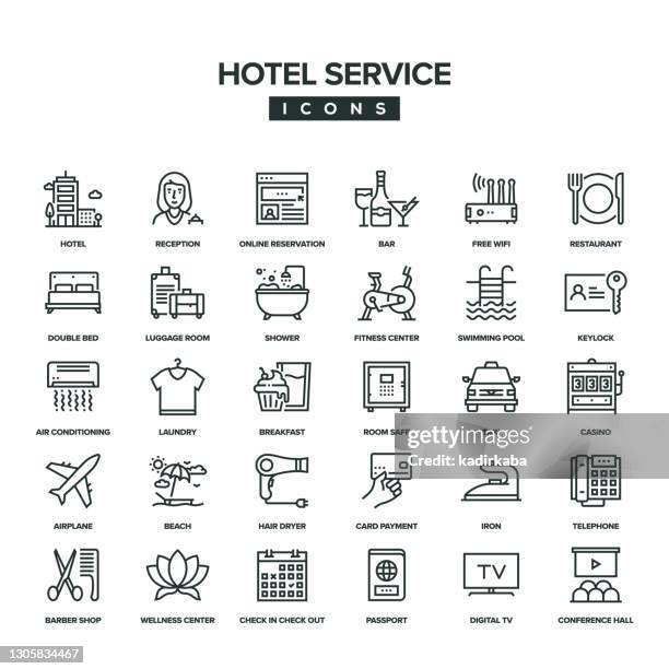 hotel service line icon set - reception desk stock illustrations