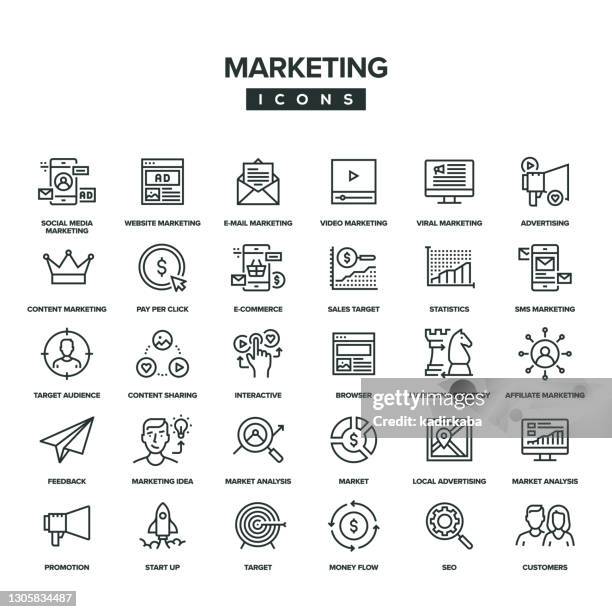 marketing line icon set - online advertising stock illustrations