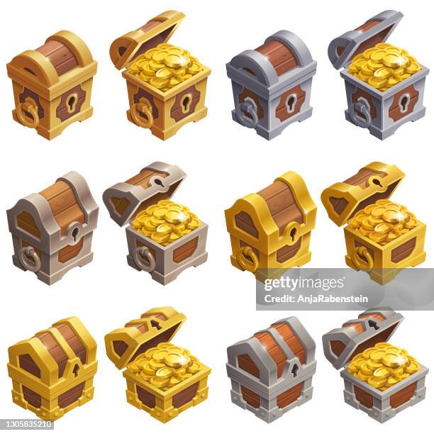 ilustrações de stock, clip art, desenhos animados e ícones de isometric golden and silver treasure chests - arca de tesouro