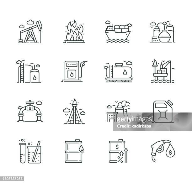 oil industry thin line icon set series - oil tanker stock illustrations