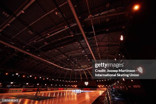 Orange hearts are shown on screens after the competition in memory of Lara Van Ruijven during day 3 of the ISU World Short Track Speed Skating...