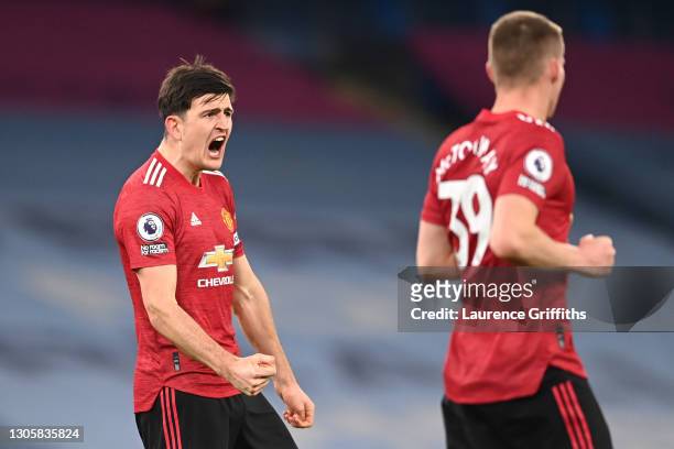 Harry Maguire of Manchester United celebrates victory following the Premier League match between Manchester City and Manchester United at Etihad...