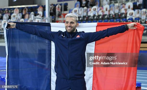 Silver medalist Valentin Lavillenie of France celebrates following the Men's Pole Vault final during the second session on Day 3 of the European...