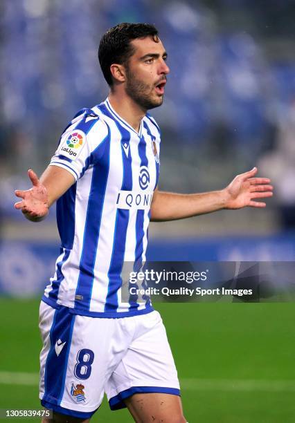 Mikel Merino of Real Sociedad reacts during the La Liga Santander match between Real Sociedad and Levante UD at Reale Arena on March 07, 2021 in San...