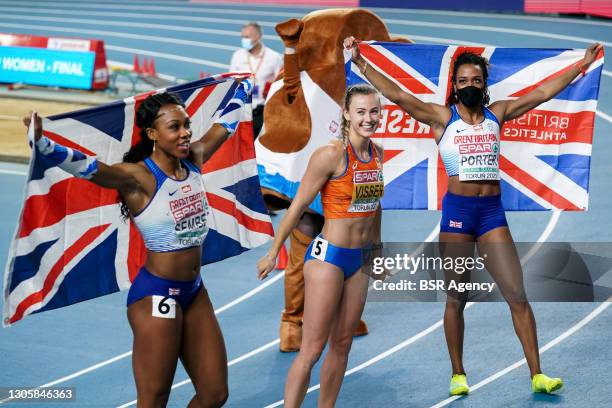 Cynthia Sember of Great Britain, Nadine Visser of The Netherlands and Tinffany Porter of Great Britain after the Womens 60m Hurdles final during the...