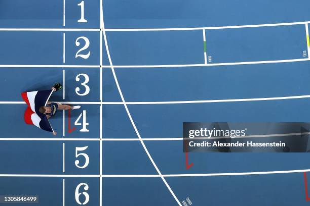 Gold medalist Kevin Mayer of France celebrates following Men's Heptathlon during the second session on Day 3 of the European Athletics Indoor...