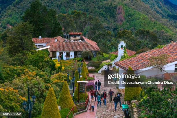 bogota, colombia - on top of the peak of monserrate; some restaurants can be seen in the image. - leaf on roof stock pictures, royalty-free photos & images