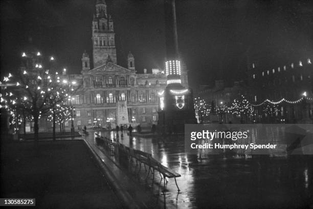 The floodlit City Chambers in Glasgow, with the Cenotaph in front, Scotland, 1939. Original Publication : Picture Post - 91- Glasgow - pub. 1st April...