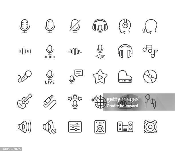 ilustraciones, imágenes clip art, dibujos animados e iconos de stock de iconos de línea de audio trazo editable - auriculares equipo de música