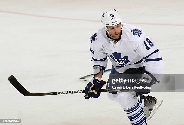 Mike Brown of the Toronto Maple Leafs skates against the Philadelphia Flyers on October 24, 2011 at the Wells Fargo Center in Philadelphia,...