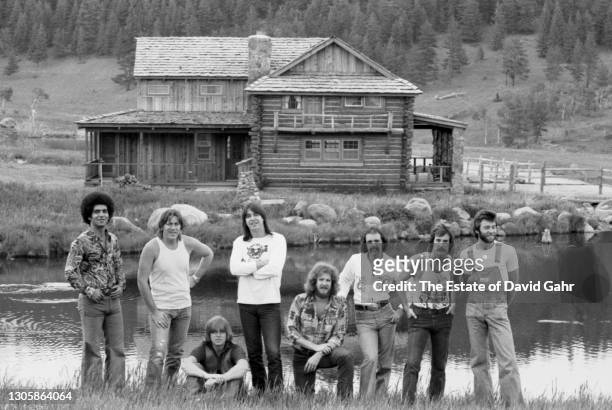 American big band rock act Chicago pose for a portrait in June, 1974 at Caribou Ranch, the legendary recording studio,near Nederland, Colorado, close...