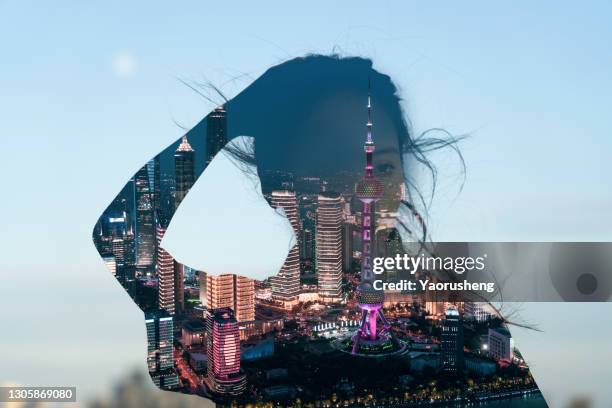 surreal futuristic cityscape and abstract multiple exposure graphic interface. - mehrfachbelichtung stock-fotos und bilder