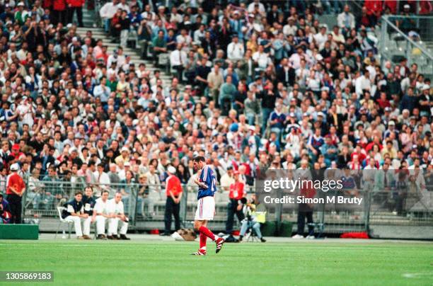 Zinedine Zidane of France walking of the pitch after being sent of during the World Cup 1st round match between France and Saudi Arabia at the Stade...