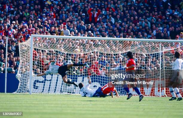 Marcelo Salas of Chile scores goal past Gianluca Pagliuca goalkeeper for Italy during the World Cup 1st round match between Chile and Italy at the...