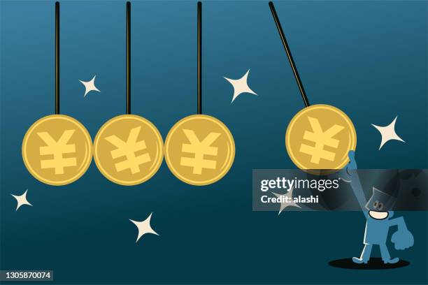 ilustraciones, imágenes clip art, dibujos animados e iconos de stock de el empresario que usa una moneda de signo yuan o yen (moneda china, taiwanesa o japonesa) para golpear (empujar) al otro grupo de péndulo. financiar una nueva idea o concepto de impacto en la inversión - yuan symbol