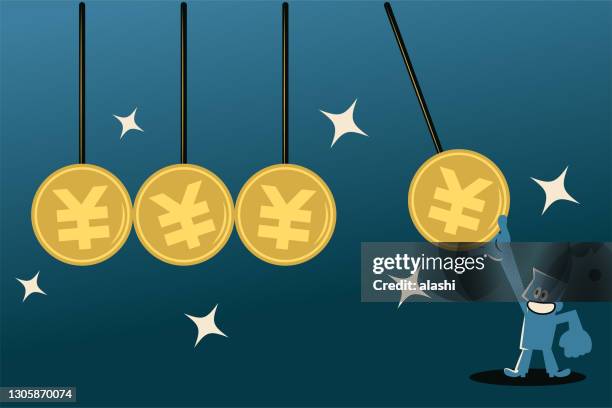 businessman using a yuan or yen sign coin (chinese, taiwanese or japanese currency) to hit (push) the other pendulum group. finance new idea or investment impact concept - yen sign stock illustrations