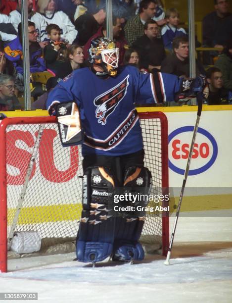 Olaf Kolzig of the Washington Capitals skates against the Toronto Maple Leafs during NHL game action on January 2, 1999 at Maple Leaf Gardens in...