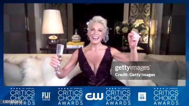 In this screengrab, Hannah Waddingham, winner of Supporting Actress in a Comedy Series Award, arrives at the press room at the 26th Annual Critics...