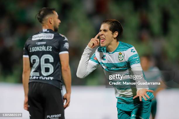 Santiago Muñoz of Santos celebrates after scoring the first goal of his team during the 10th round match between Santos Laguna and Necaxa as part of...