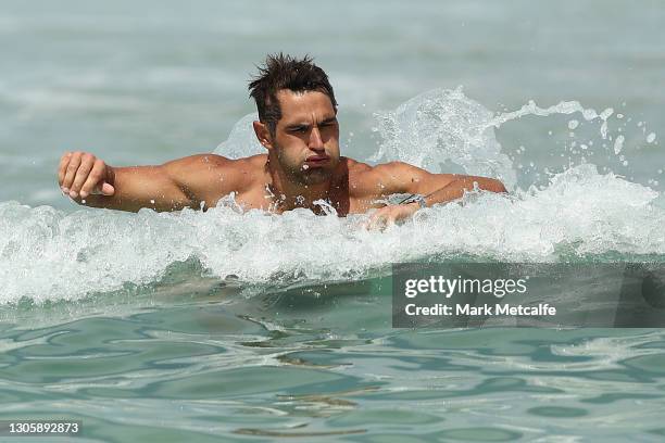 Josh Kennedy of the Swans swims during a Sydney Swans AFL recovery session at Bondi Beach on March 08, 2021 in Sydney, Australia.