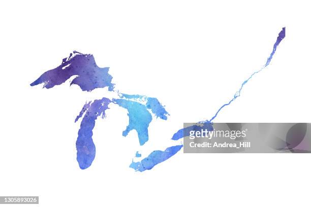 great lakes with st. lawrence raster watercolor map illustration - lake ontario stock illustrations